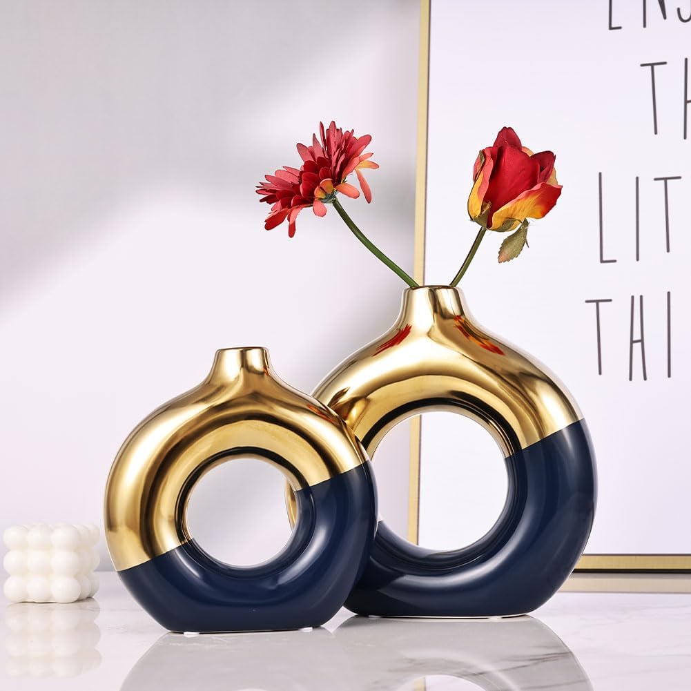 Flower Vase for Home Decor - Gold and Navy Blue Ceramic Vase Set of 2, Donut Vase for Blue Decor, Modern Boho Decorative Vase, Round Hollow Pampas Grass Vase, Dining Table, Mantel & Centerpiece