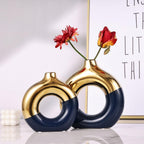 Flower Vase for Home Decor - Gold and Navy Blue Ceramic Vase Set of 2, Donut Vase for Blue Decor, Modern Boho Decorative Vase, Round Hollow Pampas Grass Vase, Dining Table, Mantel & Centerpiece