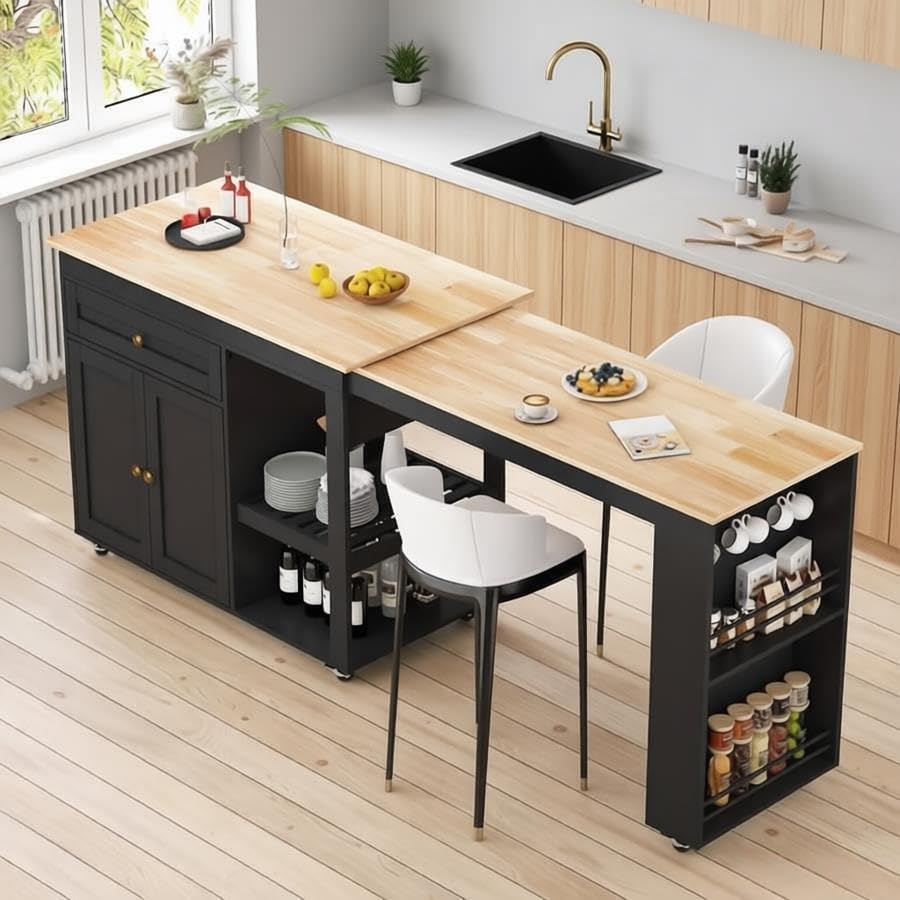78"-49" Extendable Rolling Kitchen Island with Extended Dining Table, Mobile Kitchen Storage Islands with Storage Drawers, 2-Tier Storage Shelf,Black