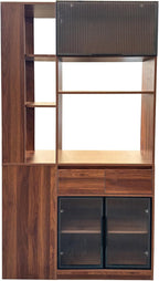 JOYSOURCE Tall Kitchen Hutch Cabinet with Side-Access Shelves & Drawer Freestanding Pantry Cabinet Large with Glass Door Cupboard for Kitchen, Dining Room with Microwave Countertop Walnut Finish