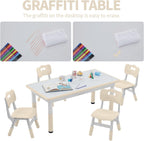 DOREROOM Toddler Table and Chairs Set for 4, 47.2''L x 23.6''W Kids Study Table and Chair Set, Height-Adjustable, Graffiti Desktop, Children Activity Table for Daycare, Classroom, Home