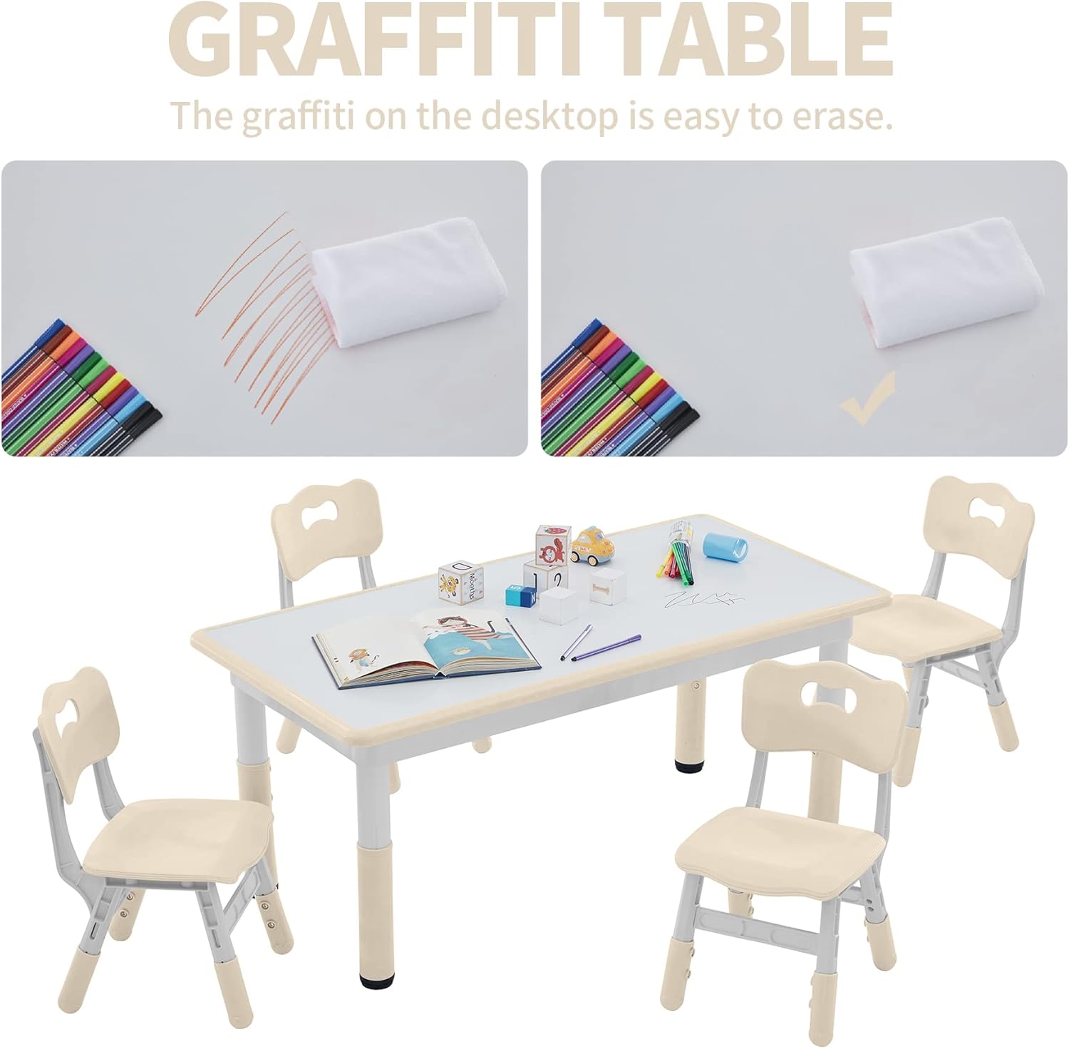 DOREROOM Toddler Table and Chairs Set for 4, 47.2''L x 23.6''W Kids Study Table and Chair Set, Height-Adjustable, Graffiti Desktop, Children Activity Table for Daycare, Classroom, Home