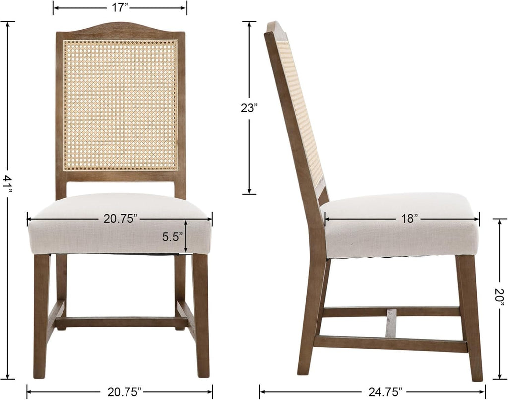 EALSON Rattan Dining Chairs Set of 4 Mid Century Modern Linen Upholstered Fabric Dining Room Chairs with Cane Back and Natural Wood Legs for Kitchen/Restaurant, Beige