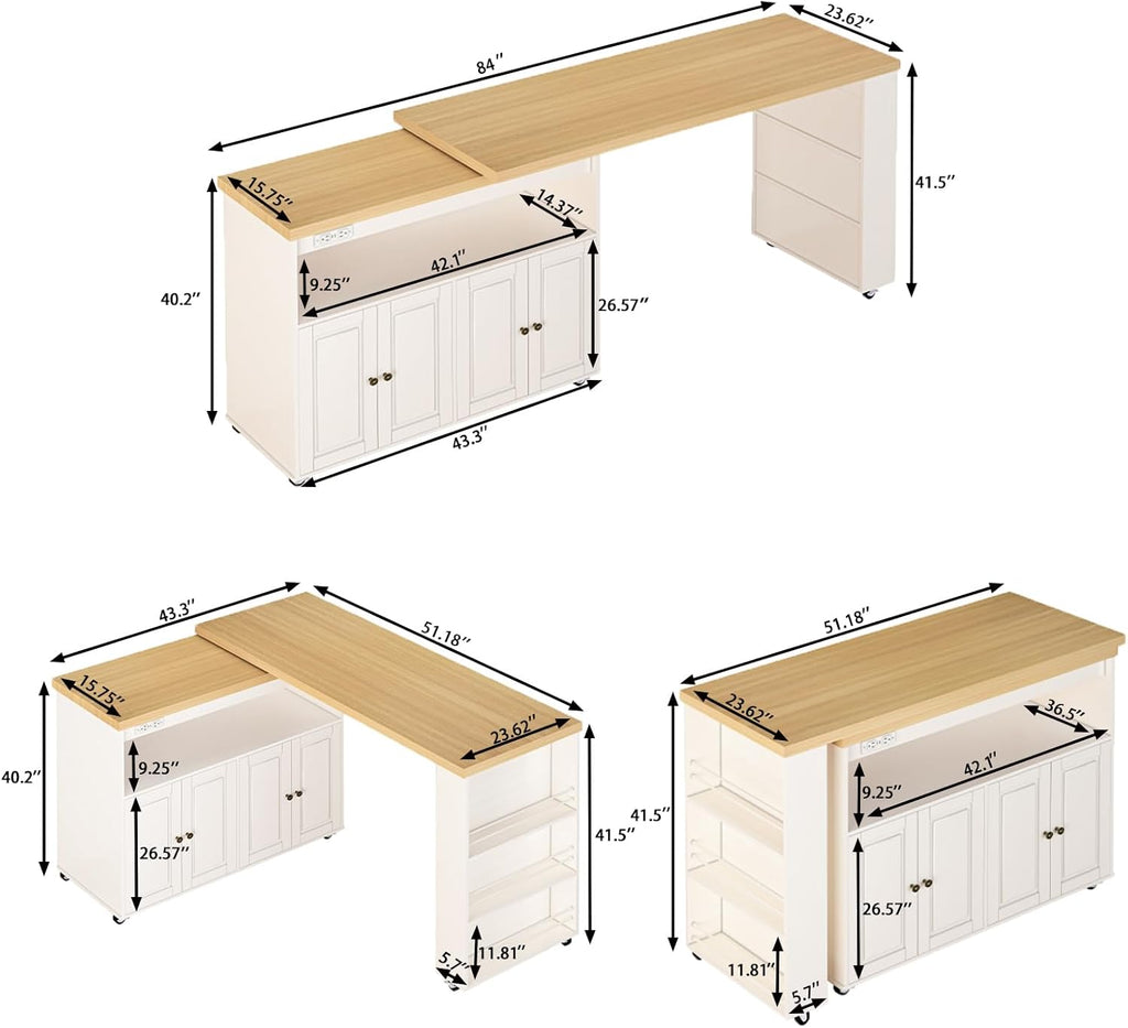 84’’ Rolling Kitchen Island with Swivel Table, Kitchen Cart with LED Lights, Power Outlet, Movable Storage Cabinet with Side Tabletop on Wheels, for Kitchen, Living Room, Home Bar, White