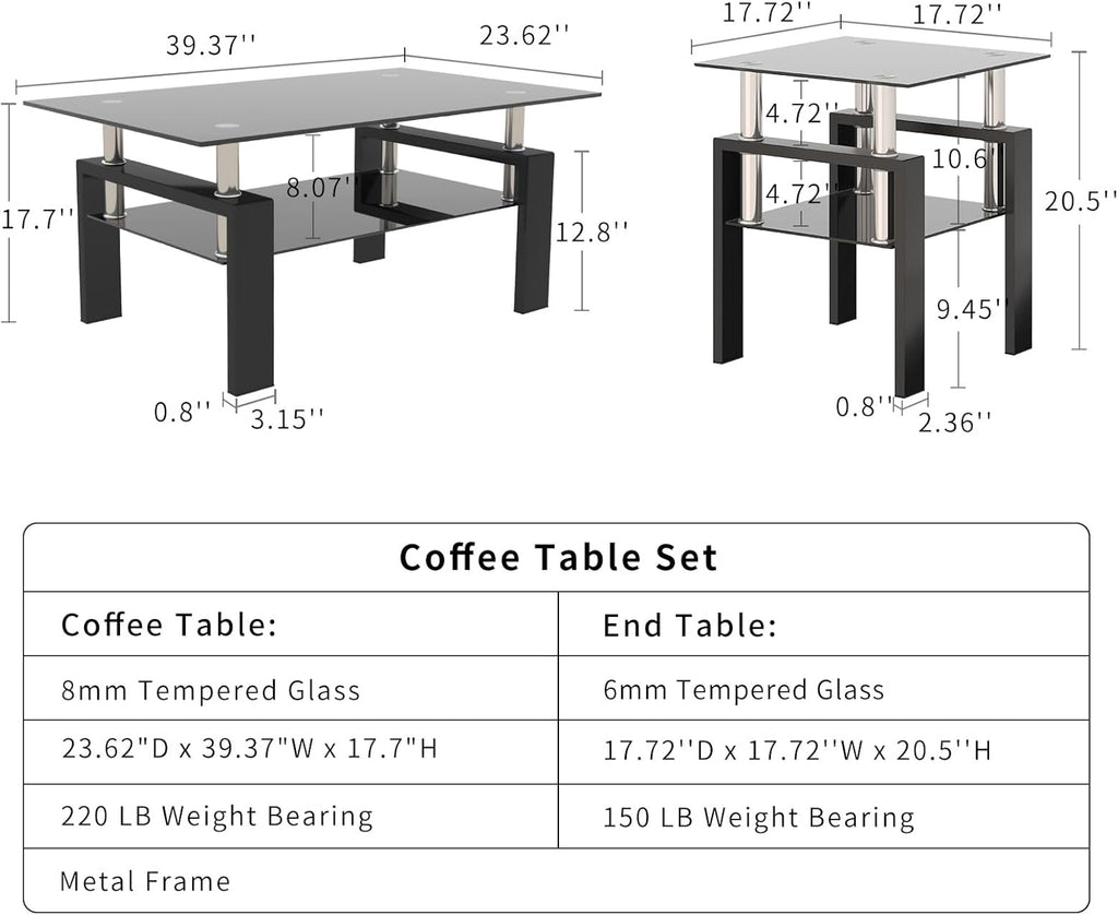 Black Glass Coffee Table Set of 3 Piece, Living Room Tables Set of 3 Pcs, Including 1 Coffee Table and 2 End Side Tables, Metal Frame, Tempered Glass, for Small Space and Home office, Apartment