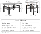 Black Glass Coffee Table Set of 3 Piece, Living Room Tables Set of 3 Pcs, Including 1 Coffee Table and 2 End Side Tables, Metal Frame, Tempered Glass, for Small Space and Home office, Apartment