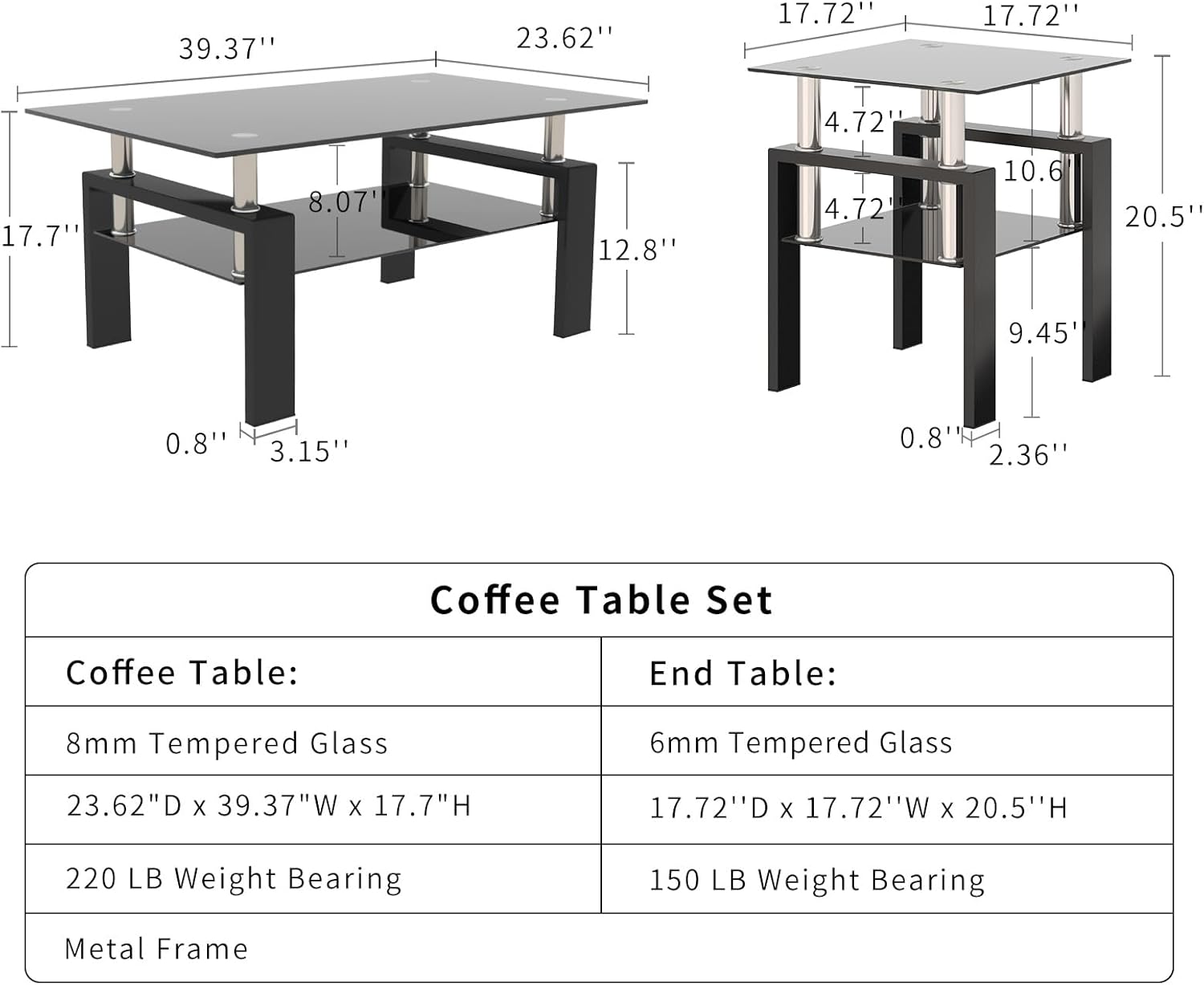 Black Glass Coffee Table Set of 3 Piece, Living Room Tables Set of 3 Pcs, Including 1 Coffee Table and 2 End Side Tables, Metal Frame, Tempered Glass, for Small Space and Home office, Apartment