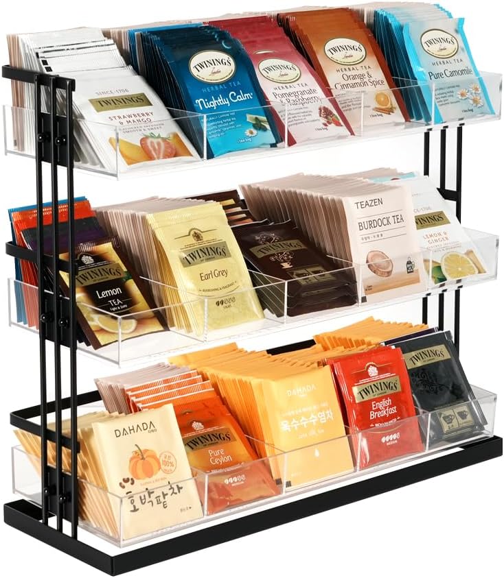 J JACKCUBE DESIGN Tea Bag Organizer Steel and Acrylic 3 Tier, 15 Compartment Tea Bags Sugar Packets Coffee Station Storage Holder for Cabinet Countertop Office (Black)- MK956A