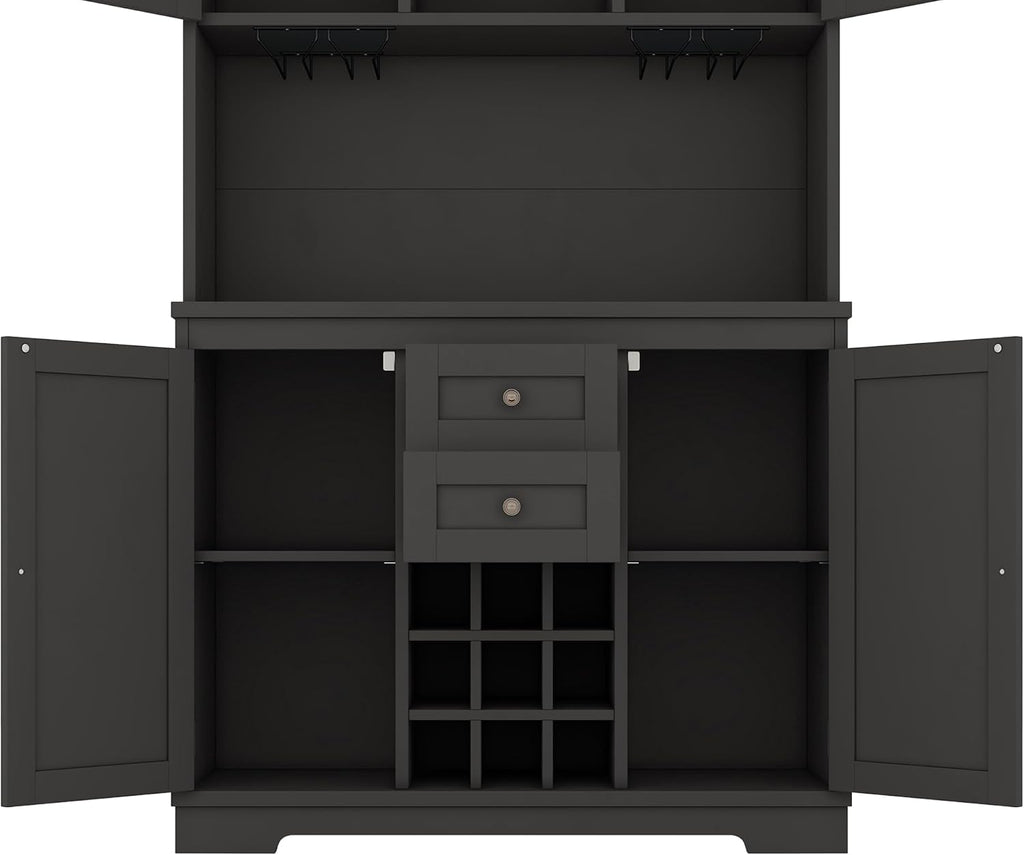 Farmhouse Kitchen Buffet Cabinet with Storage, Black Food Pantry Organizer with Wine Racks, Glass Shelves & Drawers for Dining Room