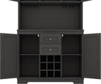 Farmhouse Kitchen Buffet Cabinet with Storage, Black Food Pantry Organizer with Wine Racks, Glass Shelves & Drawers for Dining Room