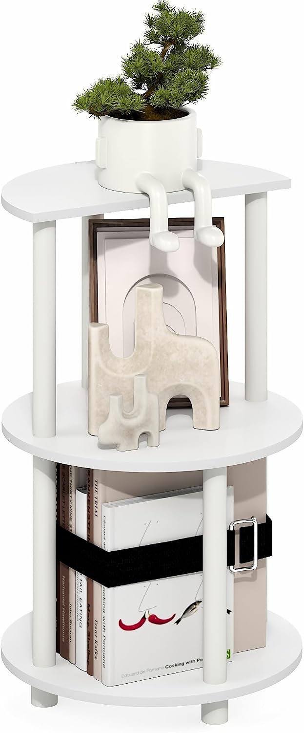 Furinno Turn-N-Tube Side Table, 3-Tier Round End Table, Half Round Top Panel Night Stand, Nightstand, Bedside Table with Open Shelf, for Living Room, Bedroom, Plain White