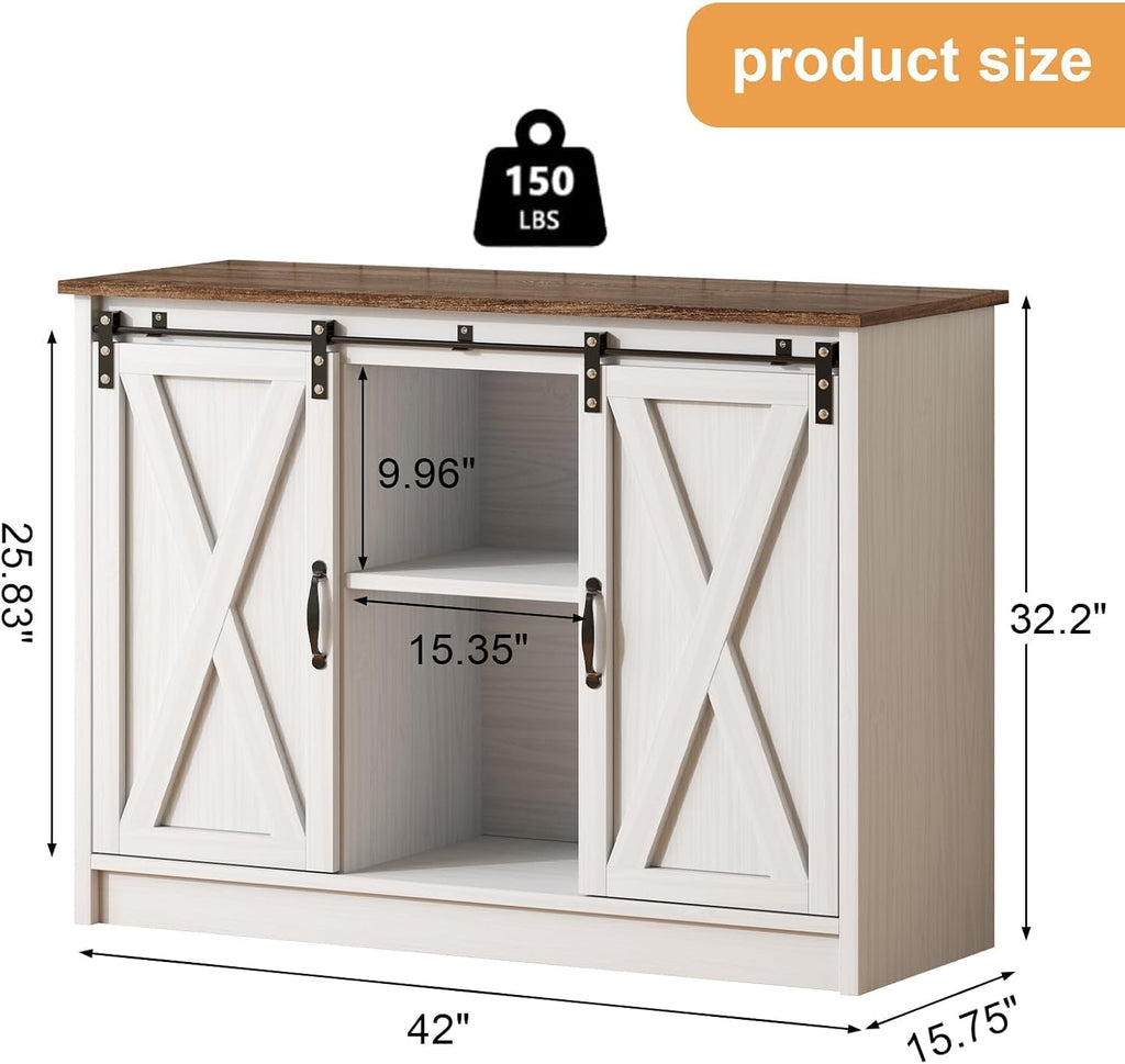 4 EVER WINNER Farmhouse Coffee Bar Cabinet, 42" Buffet Cabinet with Storage and Adjustable Shelf for Small Spaces, Coffee Station Cabinet with Sliding Barn Doors for Kitchen, Dining Room, White