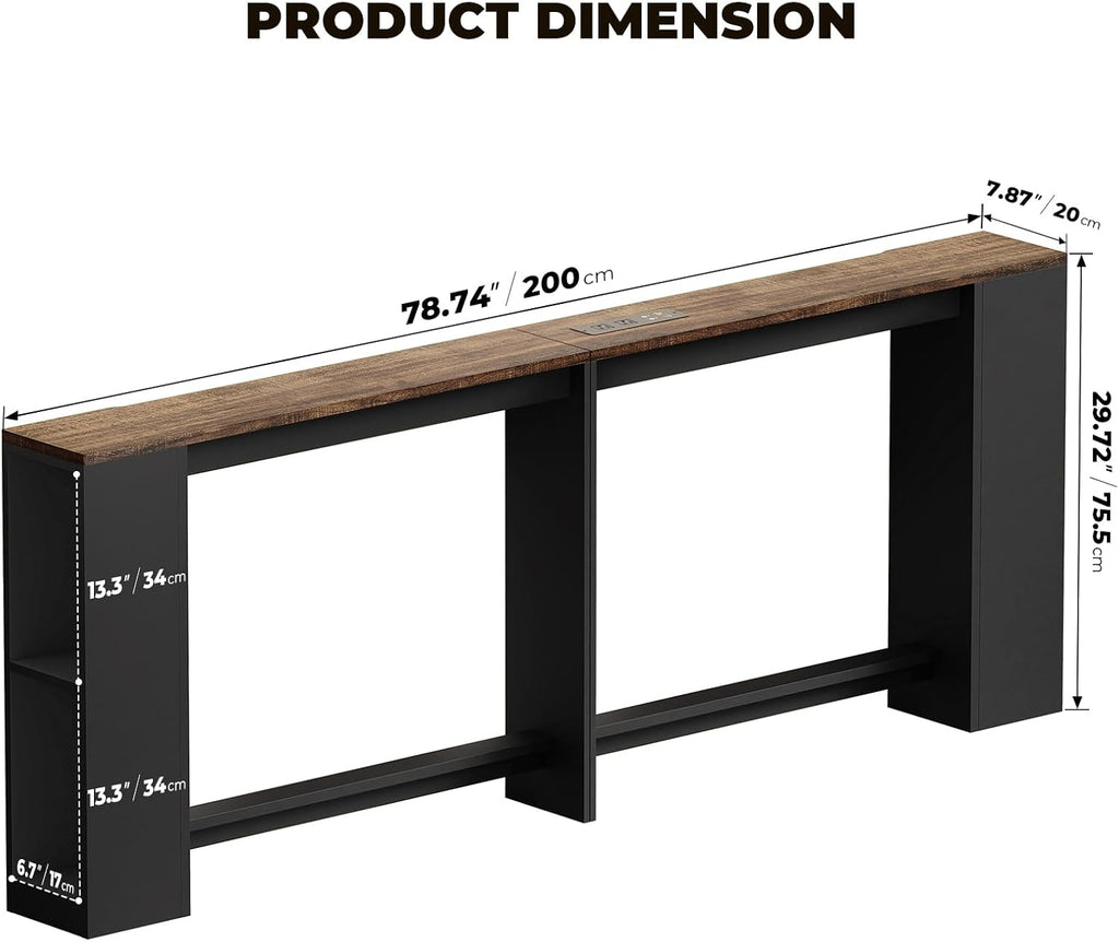 BROTTAR 79" Behind Couch Table with Lights and Bookcase, Industrial Long Sofa Table with Power Outlet & Human Body Sensor, Skinny Console Table with Storage for Entryway, Living Room (Rustic Brown)