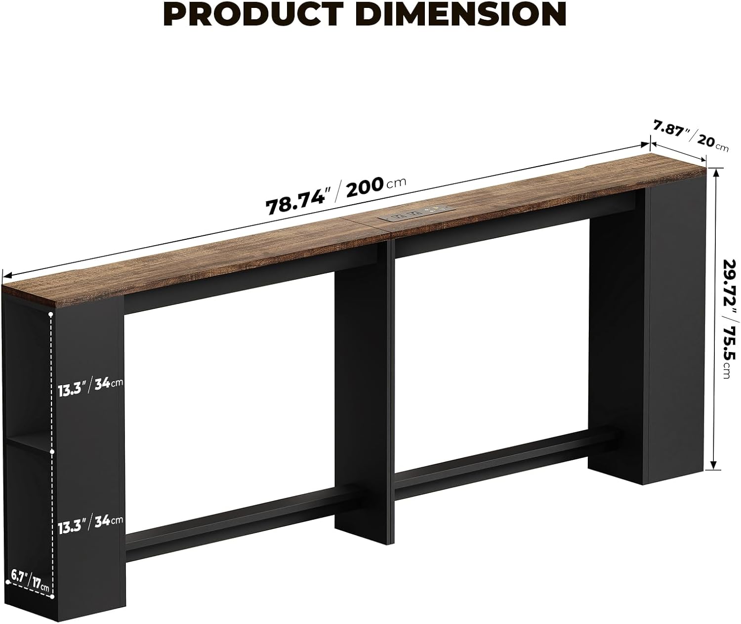 BROTTAR 79" Behind Couch Table with Lights and Bookcase, Industrial Long Sofa Table with Power Outlet & Human Body Sensor, Skinny Console Table with Storage for Entryway, Living Room (Rustic Brown)