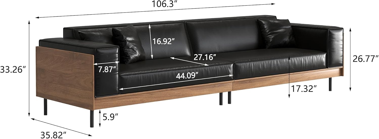 106.3" 4 Seater Patio Sofa, Minimalist Deep Seat Waxed Leather Couch with Weather Resistant Fabric, Outdoor Furniture for Pool Balcony Lounge Sunroom and Backyard, Black