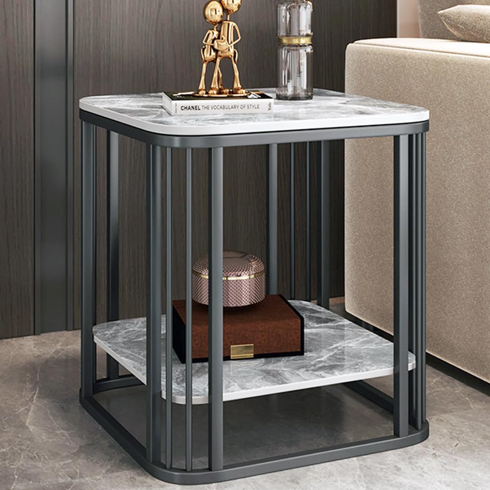 Modern Side Table 2-Tier Coffee end Tables for Living Room, Indoor & Outdoor Accent Tables with Marble Desktop & Metal Bracket, Multifunctional Bedside nightstand for Bedroom Sofa Balcony Patio