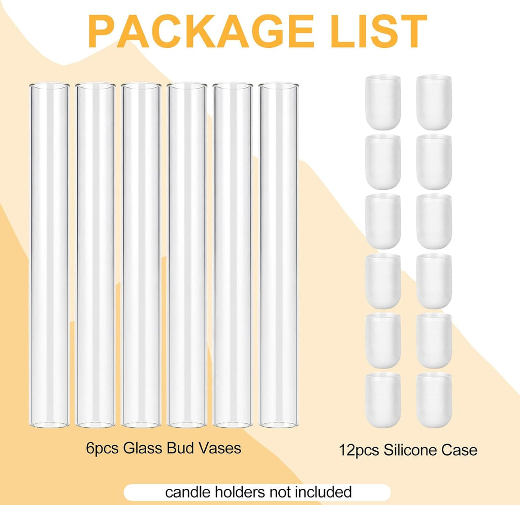 CGBE Glass Bud Vases for Flowers: 6 Pack 7.9" Base Vase for Taper Candle Holders - Skinny Vases for Flowers with Silicon Case Fits Candlesticks Size 20-22mm - Candle Vases for Home Decor & Wedding