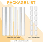 CGBE Glass Bud Vases for Flowers: 6 Pack 7.9" Base Vase for Taper Candle Holders - Skinny Vases for Flowers with Silicon Case Fits Candlesticks Size 20-22mm - Candle Vases for Home Decor & Wedding
