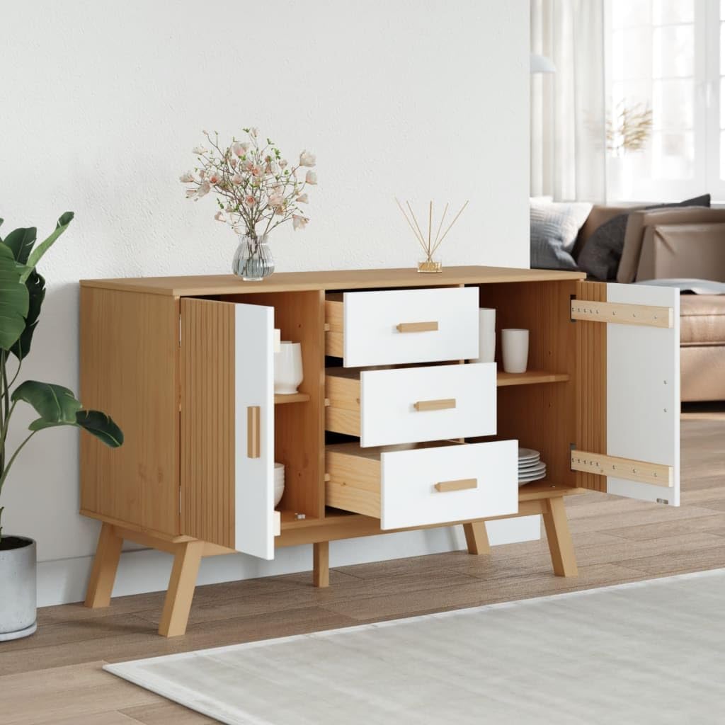 White and Brown Solid Pine Wood Sideboard with Multiple Drawers and Doors for Dining Room Living Room Hallway Storage Modern Scandinavian Design Furniture