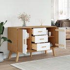 White and Brown Solid Pine Wood Sideboard with Multiple Drawers and Doors for Dining Room Living Room Hallway Storage Modern Scandinavian Design