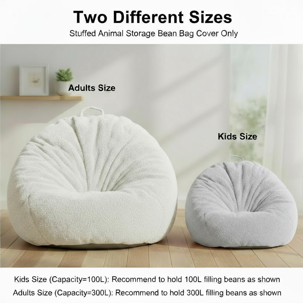 Faux Rabbit Fur Bean Bag Chair Cover Only (No Filler), Stuffed Animal Storage Bean Bag Cover, Ultra‑Soft, Washable, Zippered, Non‑Slip Bottom, Handle,Living Room Furniture for Adults Grey