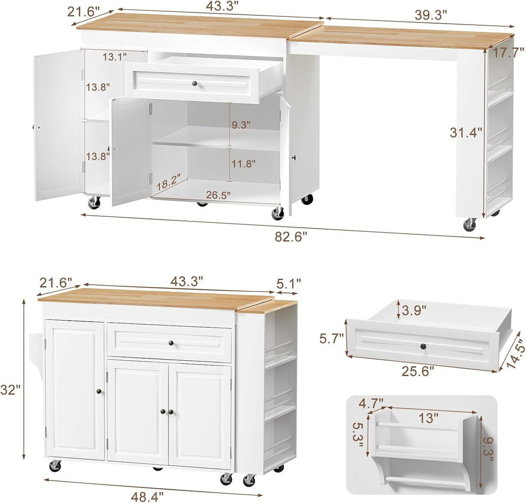 Expandable Kitchen Island with Storage Drawer and Wheels, White | Rubberwood top expands 48.4"-82.6". Spacious drawer, 2 cabinets, 2 shelves, spice rack & towel bar. Lockable casters.