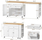 Expandable Kitchen Island with Storage Drawer and Wheels, White | Rubberwood top expands 48.4"-82.6". Spacious drawer, 2 cabinets, 2 shelves, spice rack & towel bar. Lockable casters.