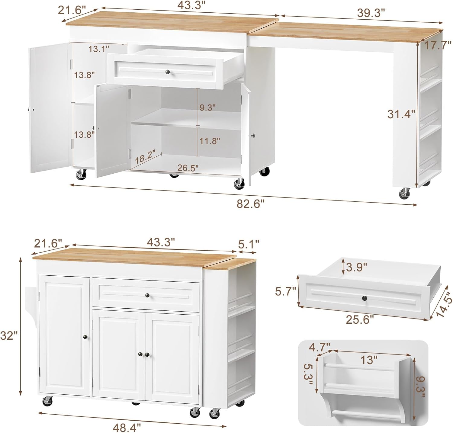 Expandable Kitchen Island with Storage Drawer and Wheels, White | Rubberwood top expands 48.4"-82.6". Spacious drawer, 2 cabinets, 2 shelves, spice rack & towel bar. Lockable casters.