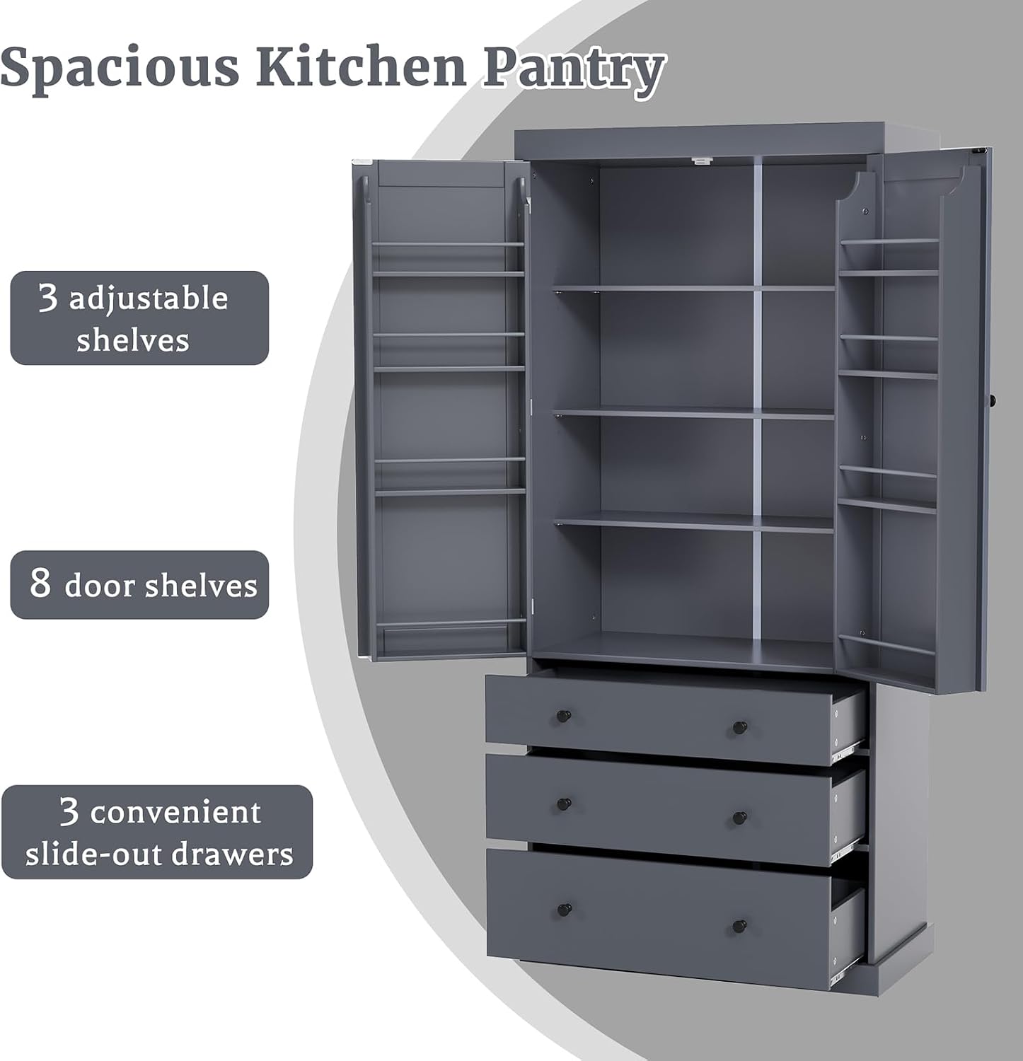 77inch Kitchen Pantry, Freestanding Tall Cupboard Storage Cabinet with 3 Adjustable Shelves, 8 Door Shelves, 3 Drawers for Kitchen, Dining Room White