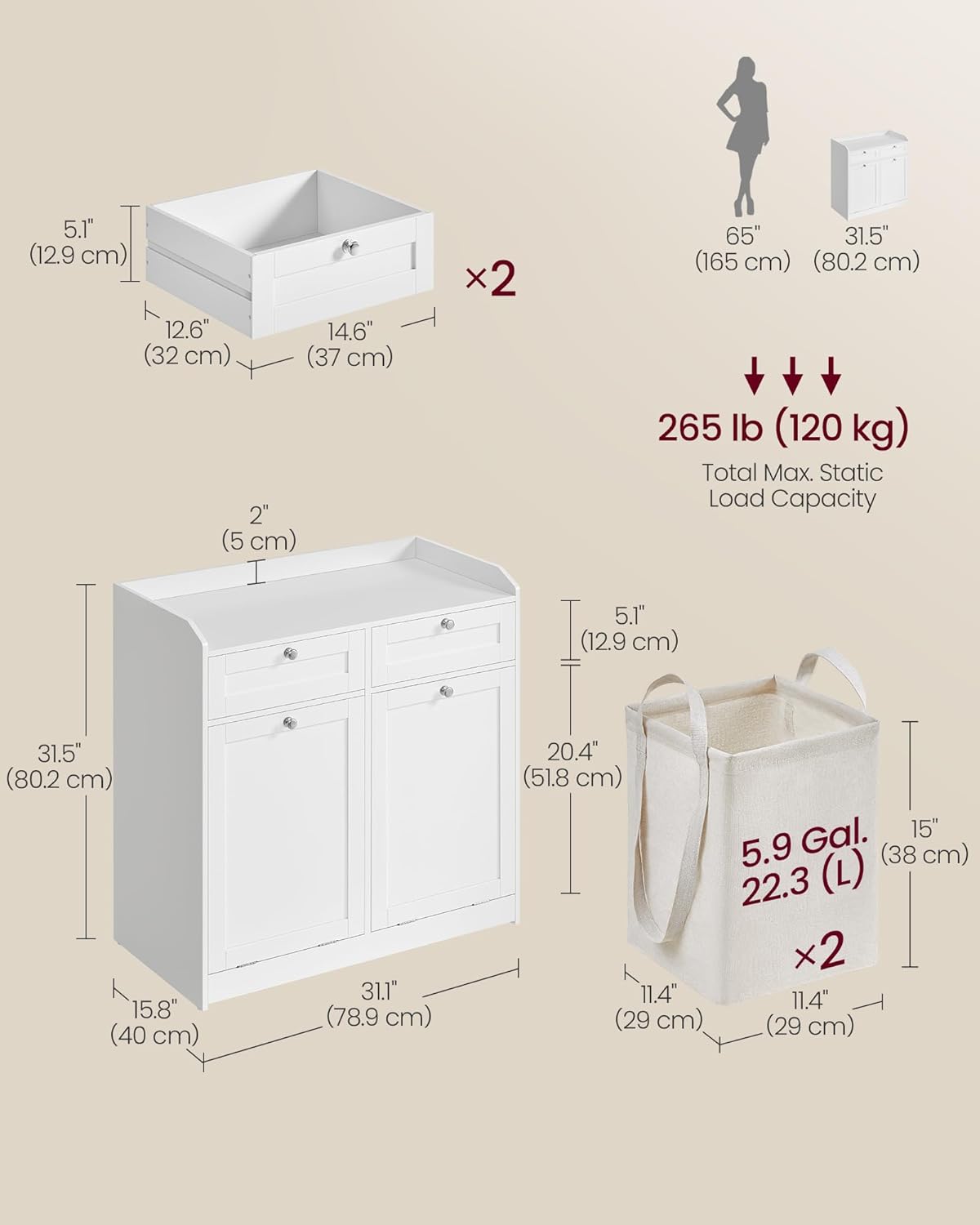 VASAGLE Laundry Cabinet with Tilt-Out Basket, Freestanding Storage Unit with Drawer and Laundry Hamper, for Bathroom, Living Room, 15.8 x 31.1 x 31.5 Inches, Cloud White UBBC751W01