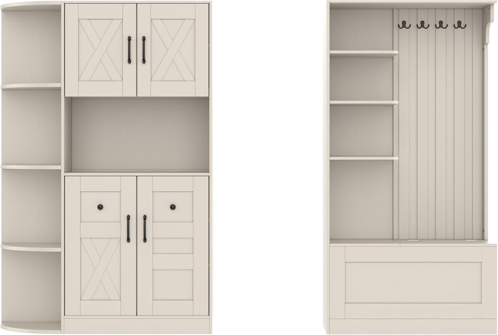 KEIKI Multifunction Entryway Storage Cabinet Set with Bench, Modular Hallway Organizer with Hooks, Open Shelves, Hidden Storage, Farmhouse Accent Cabinet for Living Room, Kitchen, Entryway, Beige
