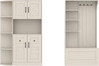 KEIKI Multifunction Entryway Storage Cabinet Set with Bench, Modular Hallway Organizer with Hooks, Open Shelves, Hidden Storage, Farmhouse Accent Cabinet for Living Room, Kitchen, Entryway, Beige