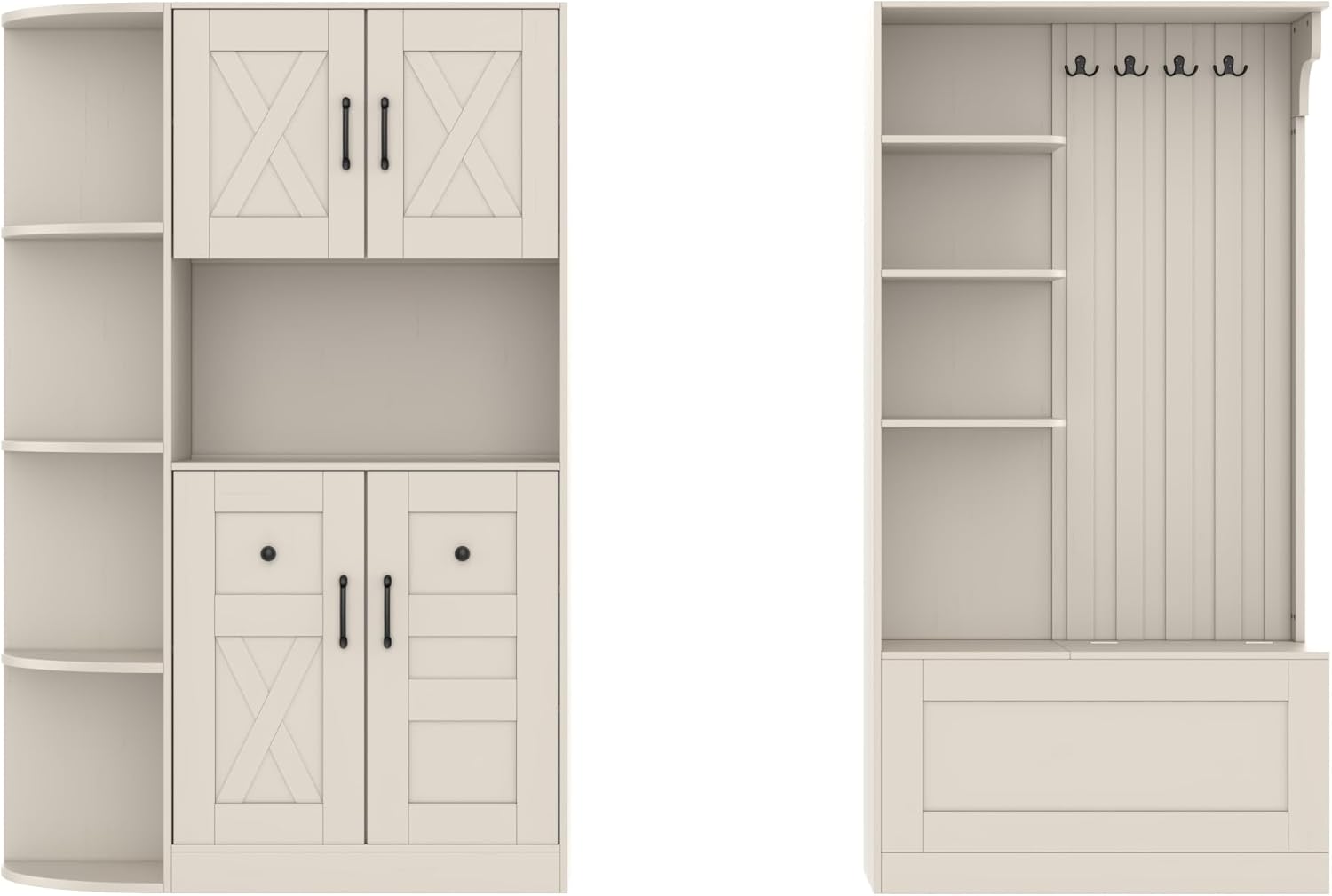 KEIKI Multifunction Entryway Storage Cabinet Set with Bench, Modular Hallway Organizer with Hooks, Open Shelves, Hidden Storage, Farmhouse Accent Cabinet for Living Room, Kitchen, Entryway, Beige