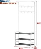 Simple Houseware Coat Rack with Shelf, Standing Hall Tree with Hooks, White | For Entryway, Bedroom, Office, White Metal Clothes Hanger Stand for Coats, Hats, Jackets, Bags
