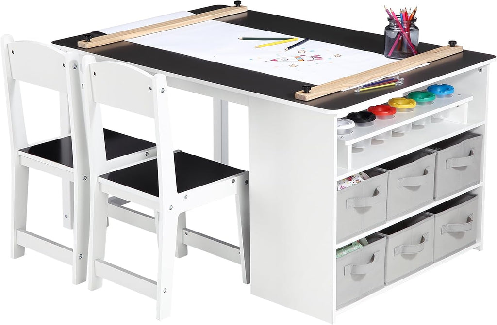4-in-1 Kids Art Table and 2 Chairs Set, Wooden Activity Desk with Storage Bins, Art Easel, Drawing & Study Table for Toddlers, Multi-Functional Children’s Furniture for Home, Playroom, Black