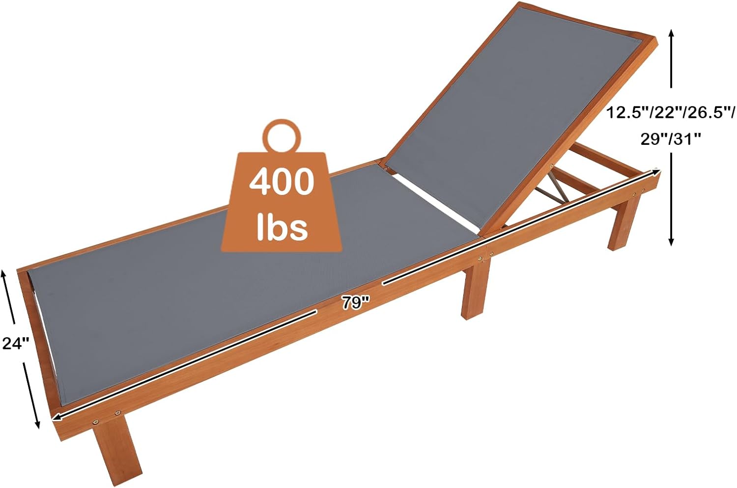 Tangkula Wood Lounge Chair Outdoor Set of 2, Patio Chaise Lounger with 5 Position Adjustable Back, Eucalyptus Wood Reclining Lounge Chair with Breathable Fabric for Poolside Lawn Backyard (Grey)