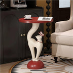 Elegant Resin Cat Sculpture Side Table with Tray, Modern Creative Bedside Table, Art Accent Tables for Living Room Bedroom Apartment Office Small Spaces Funky Furniture for Home Decor(Black,Large)