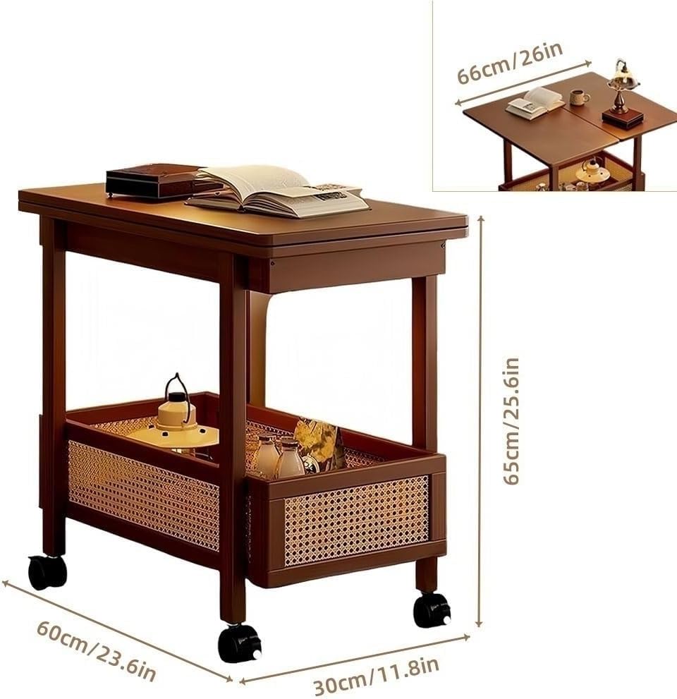 Expandable Wooden Coffee Table with Wheels Side Table with Storage Basket Removable Tabletop Rolling Cart for Living Room Lightweight