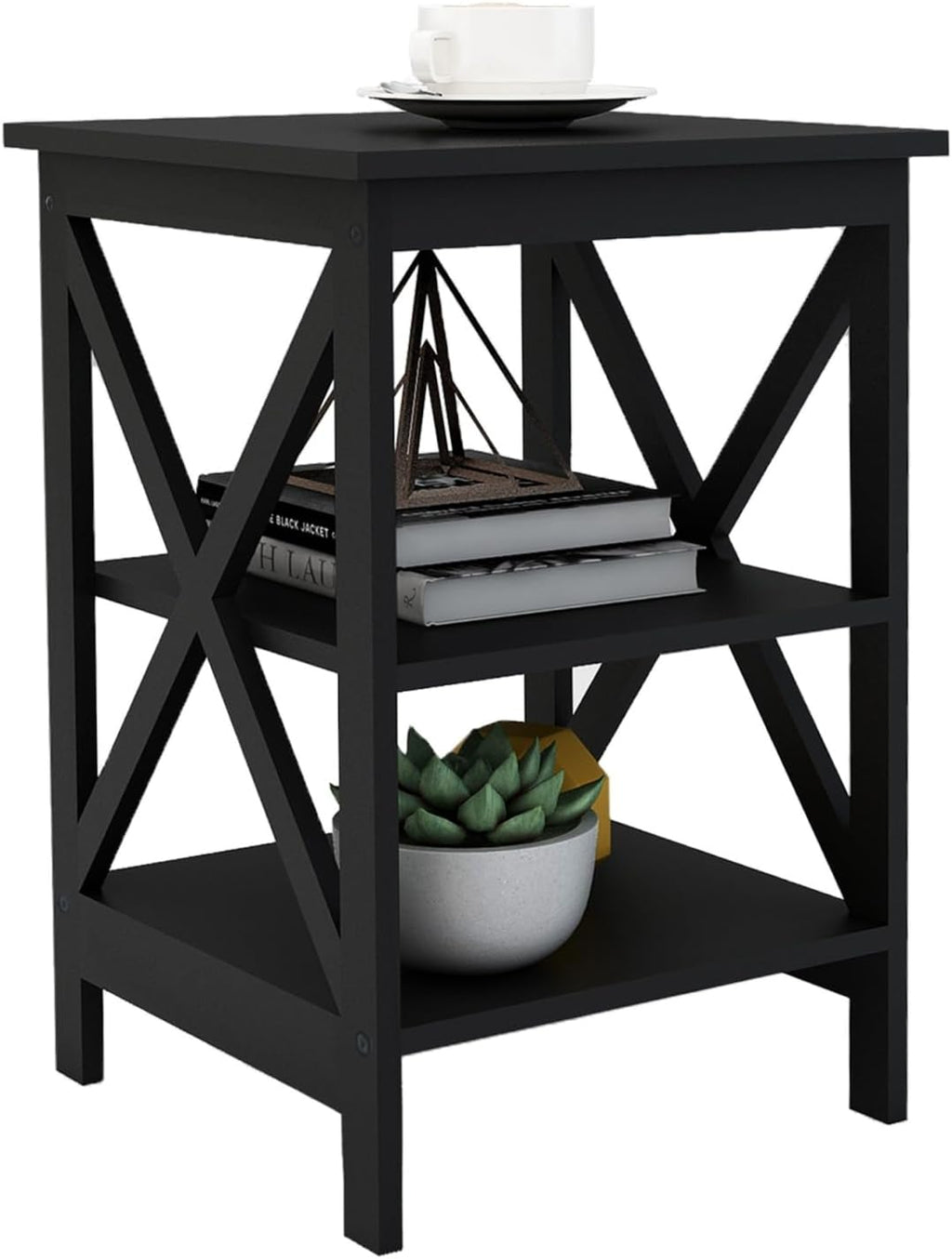 Oxford Small Side Table Black, 15.75W x15.75D x24.02 H Square End Table with UV Lacquered Surface, High-Grade E1 MDF, X-Shaped Legs for Stability, Easy Assembly for Living Room Sofa Side