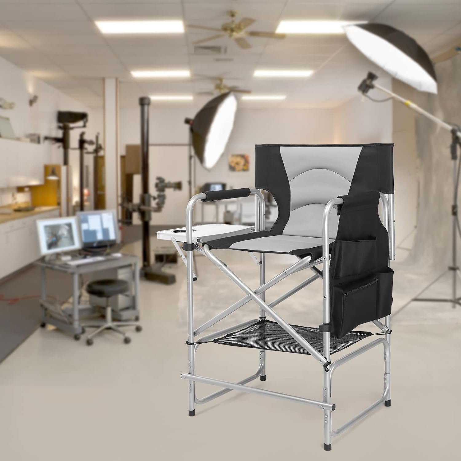 mefeir Tall Camping Chair Makeup Artist Director Chair 26" Counter Height, Portable Folding Design with Side Table, Cup Holder & Side Storage Bag, Heavy-Duty Iron Frame (300 lbs Capacity)
