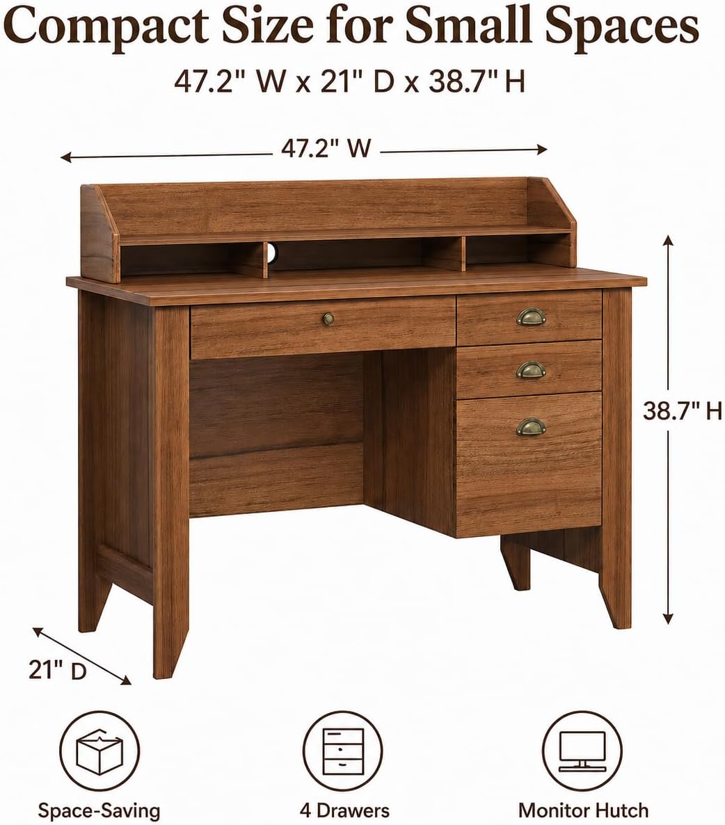 4 EVER WINNER Desk with Drawers, 47'' Small Desk with Monitor Stand and File Drawer, Computer Desk with Storage for Bedroom, Living Room, Small Spaces, Walnut