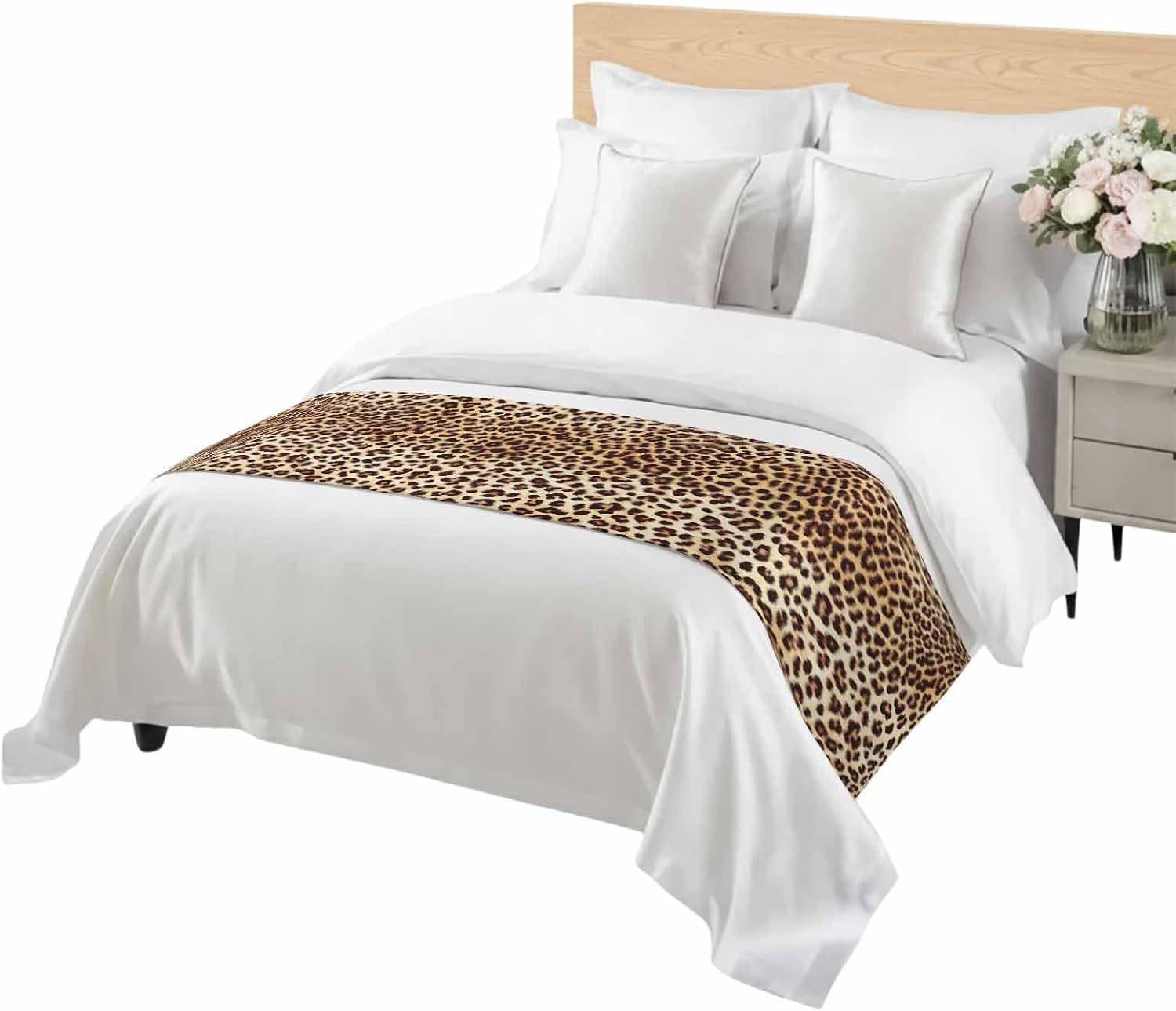 Farmhouse Brown Tan Leopard Print Bed Runners for Bedroom Hotel,Decorative Bedding Scarf Abstract Wild Animal Texture Bed End Blanket Bedding Runner Scarves for California King Size Beds,102x20in