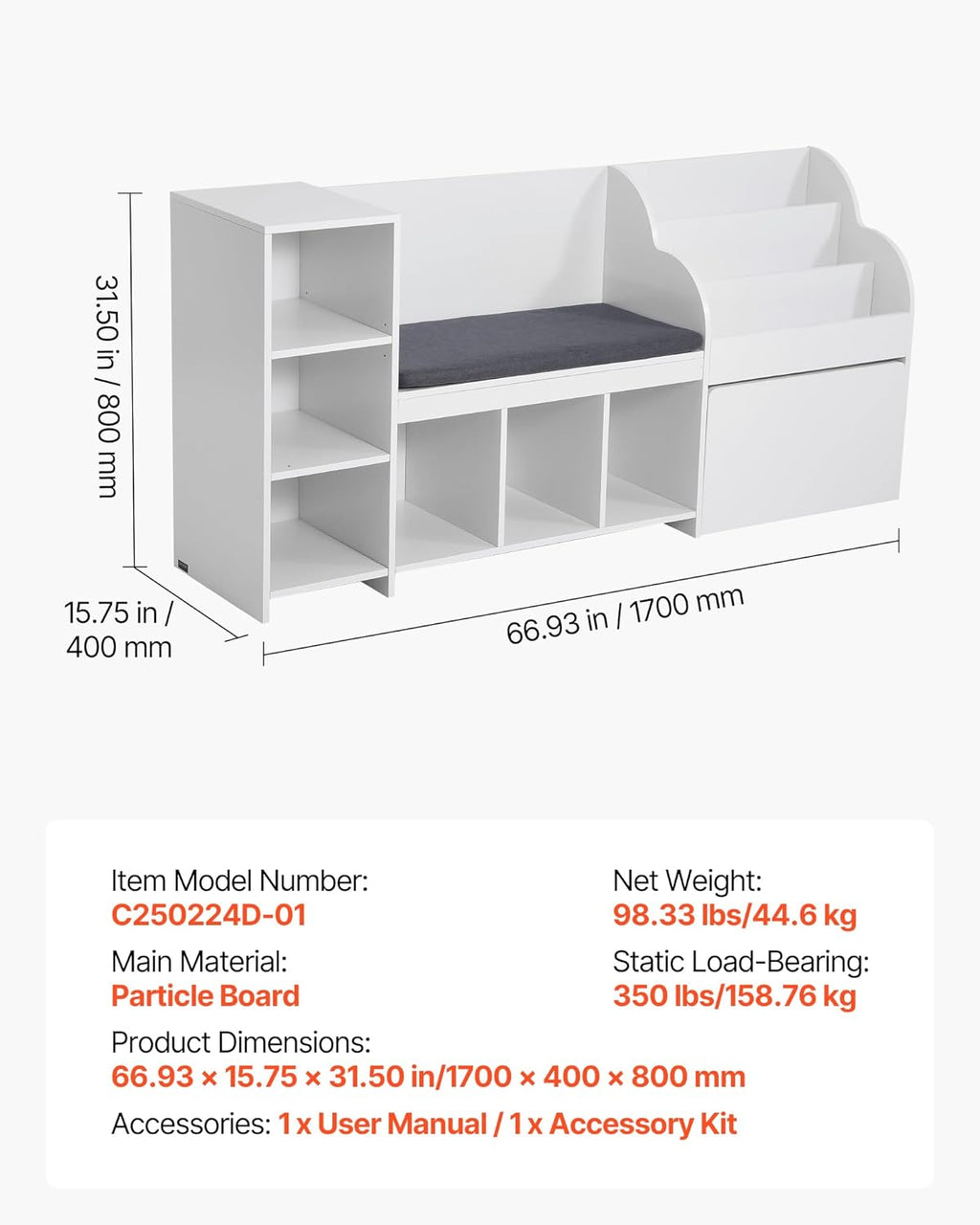 VEVOR Kids Reading Nook, Wooden Storage Bench with Backrest, Kids Bookshelf & Toy Organizer, Large Toy Box Chest for Playroom, Living Room or Entryway, Easy Assembly, 66.9 x 15.8 x 31.5 in, White