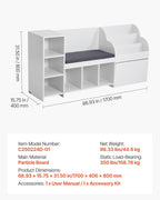 VEVOR Kids Reading Nook, Wooden Storage Bench with Backrest, Kids Bookshelf & Toy Organizer, Large Toy Box Chest for Playroom, Living Room or Entryway, Easy Assembly, 66.9 x 15.8 x 31.5 in, White