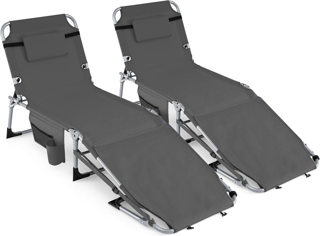 GYMAX Tanning Chair, 3 in 1 Sun Bathing Lounge Chairs with Face/Arm Holes & Side Pocket, Portable Lightweight Face Down Layout Tanning Chair for Outside, Beach, Backyard, Poolside (2, Gray)