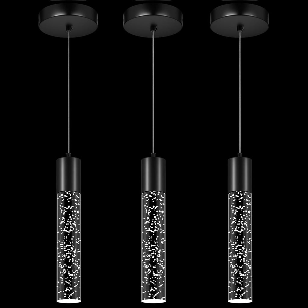 Pendant Lights Kitchen Island, 6500K Modern Kitchen Island Lights Brushed Black, 3 Pack Ceiling Lighting Fixtures with Crystal Bubble, Integrated LED Hanging Light for Dining Room Restaurant