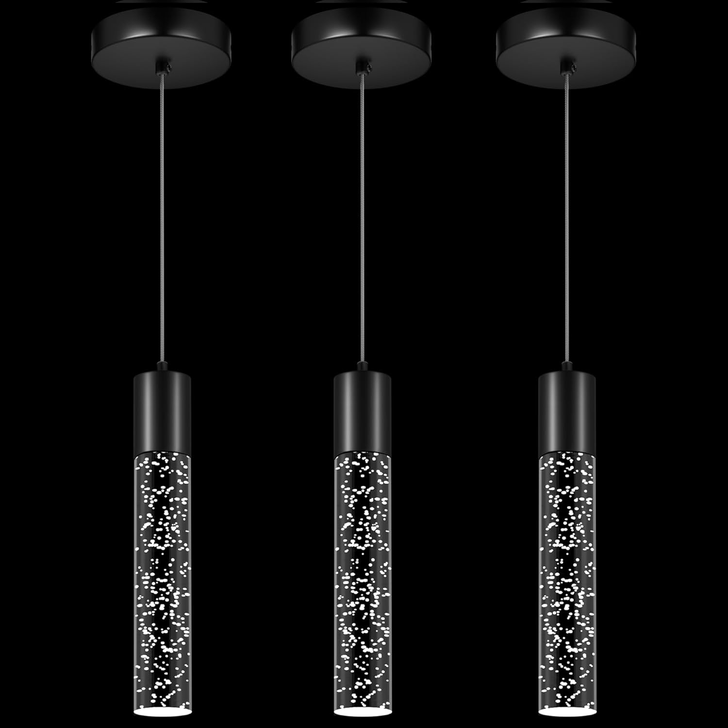 Pendant Lights Kitchen Island, 6500K Modern Kitchen Island Lights Brushed Black, 3 Pack Ceiling Lighting Fixtures with Crystal Bubble, Integrated LED Hanging Light for Dining Room Restaurant