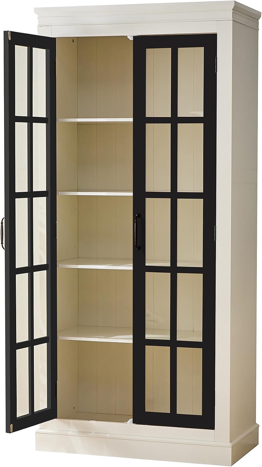 roomfitters 71.2'' Pantry Cabinet with Glass Door, Farmhouse Display Cabinet with Storage for Kitchen and Hallways, Black & Cream White