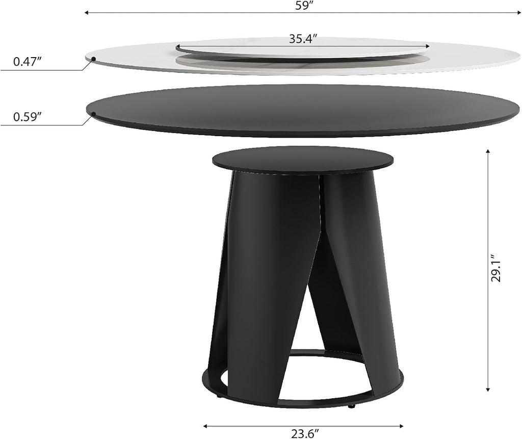Montary 59" Modern Round Dining Table, Turntable Faux Marble Kitchen Table with Lazy Susan, Sintered Stone Tabletop Dining Room Table for 6-8 Person, with Black Metal Exquisite Pedestal