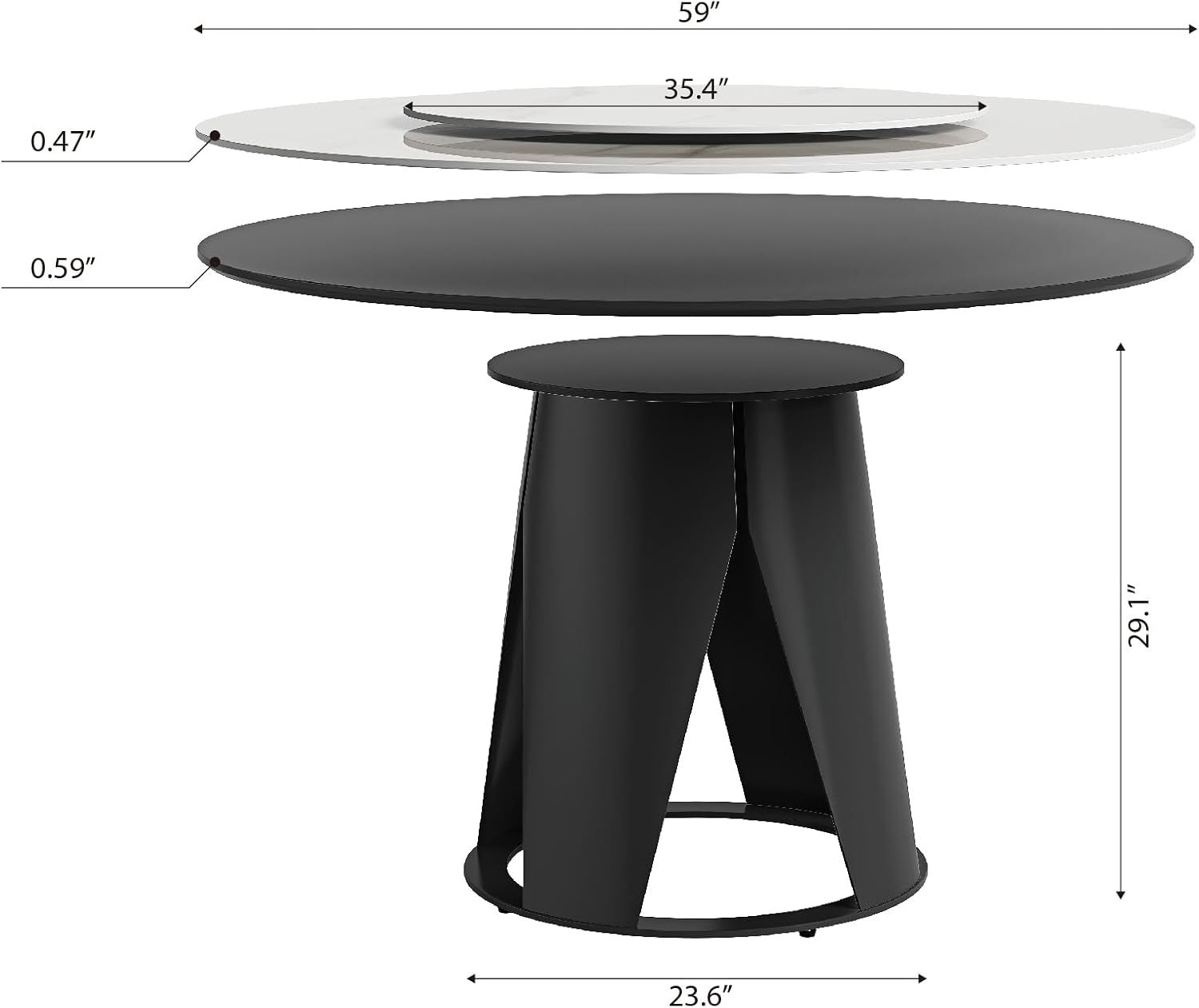 Montary 59" Modern Round Dining Table, Turntable Faux Marble Kitchen Table with Lazy Susan, Sintered Stone Tabletop Dining Room Table for 6-8 Person, with Black Metal Exquisite Pedestal